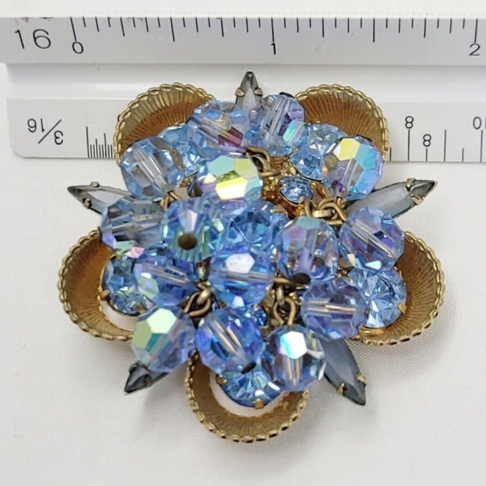 Vintage Juliana 2" AB Blue Ribbon Brooch Dangles